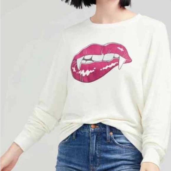 NEW Wildfox Vampire Fangs Holographic Glitter Teeth Lips Graphic Sweatshirt - Picture 5 of 10